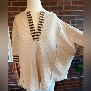 Easel Striped and Plaid Accent Cream Sweater